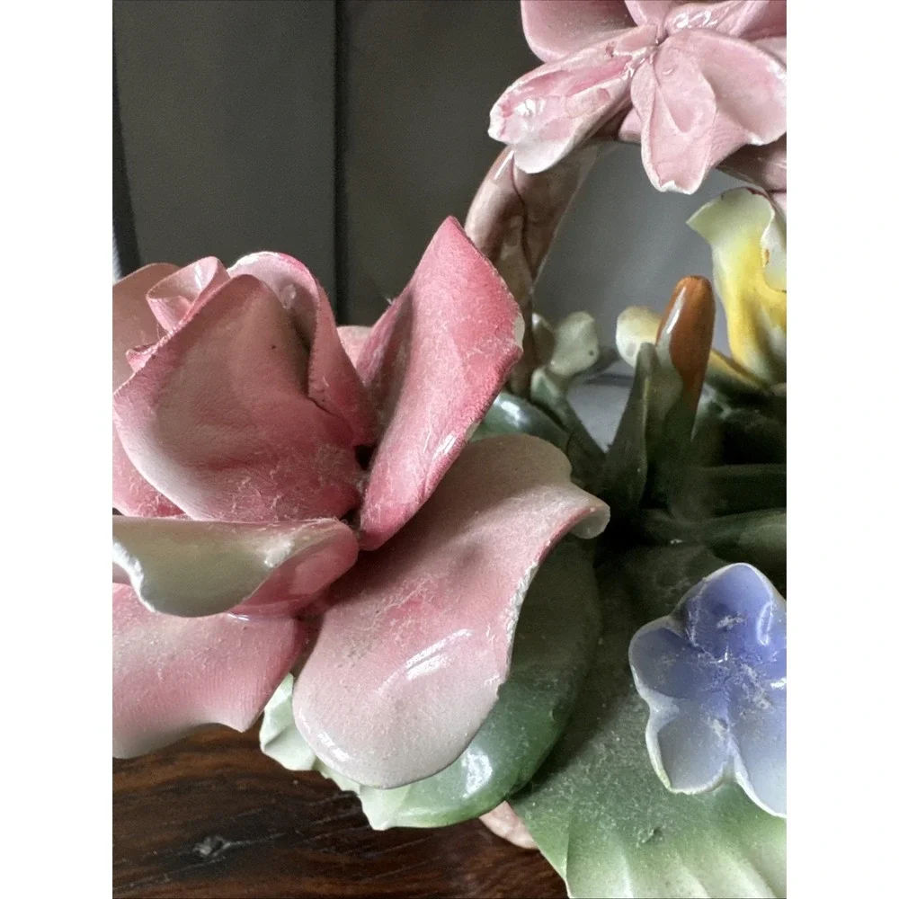 Vintage 1980s Capodimonte Italian‎ Porcelain Flower Basket Pink Yellow